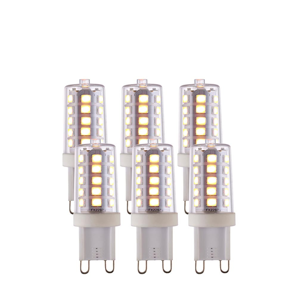 Endon 3.7W G9 LED capsule bulbs in warm white, shown as a 6 pack of clear pins-and-glass bulbs with visible SMD chips on a white background.