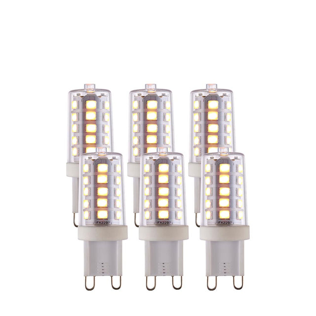 Endon 3.7W G9 LED capsule bulbs in warm white, shown as a 6 pack of clear pins-and-glass bulbs with visible SMD chips on a white background.