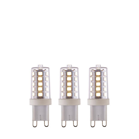 Endon 3.7W G9 LED capsule bulbs in a 3-pack, showing clear glass casings with visible SMD chips and white push-fit bases on a plain background.