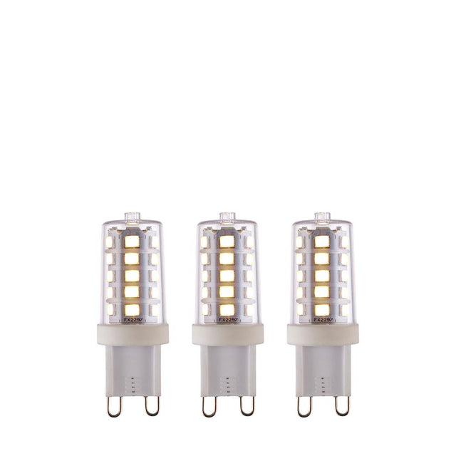 Endon 3.7W G9 LED capsule bulbs in a 3-pack, showing clear glass casings with visible SMD chips and white push-fit bases on a plain background.