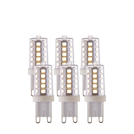 Endon 3.7W G9 LED capsule bulbs in cool white, shown as a pack of six with clear tops, visible SMD chips and white bases, on a plain background.