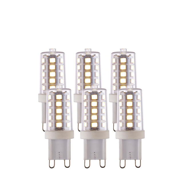 Endon 3.7W G9 LED capsule bulbs in cool white, shown as a pack of six with clear tops, visible SMD chips and white bases, on a plain background.
