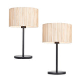 Salcombe Table Lamp Twin Pack in matt black, each with a slim metal stem, round base, and natural woven seagrass drum shade, shown on a white background.