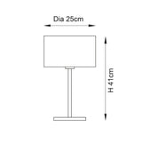 Line drawing of the Salcombe Table Lamp with rectangular drum shade, slim stem and rectangular base, 25cm diameter shade, 41cm height.