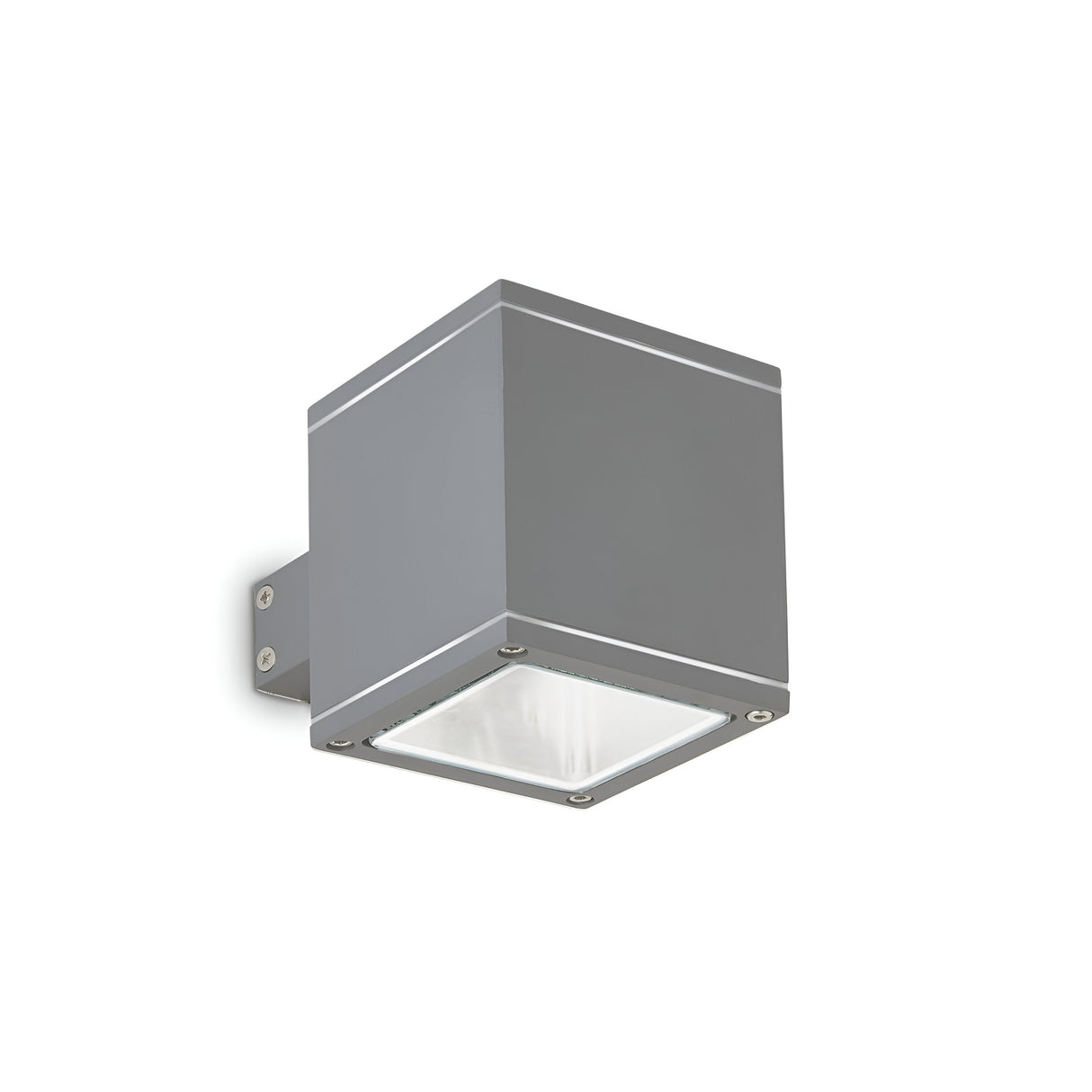 The Opus Square Outdoor Wall Light - Anthracite is a minimalist fixture designed in a square shape, mounted on a bracket, with a sleek anthracite finish and features a flat Pyrex glass panel on the bottom for illumination.