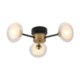 The Galaxy 3 Light Wall/Semi-Flush Ceiling Light - Black & White features three exposed bulbs with clear glass shades and a modern, retro-inspired triangular arm design, making it a stylish black and white lighting accent for any space.