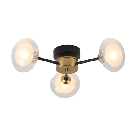 The Galaxy 3 Light Wall/Semi-Flush Ceiling Light - Black & White features three exposed bulbs with clear glass shades and a modern, retro-inspired triangular arm design, making it a stylish black and white lighting accent for any space.