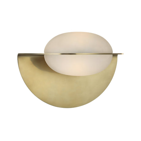 The Althia LED Alabaster Wall Light – Brushed Brass features a modern half-circle brass base and a frosted glass globe, offering sleek, minimalist design ideal for contemporary spaces.
