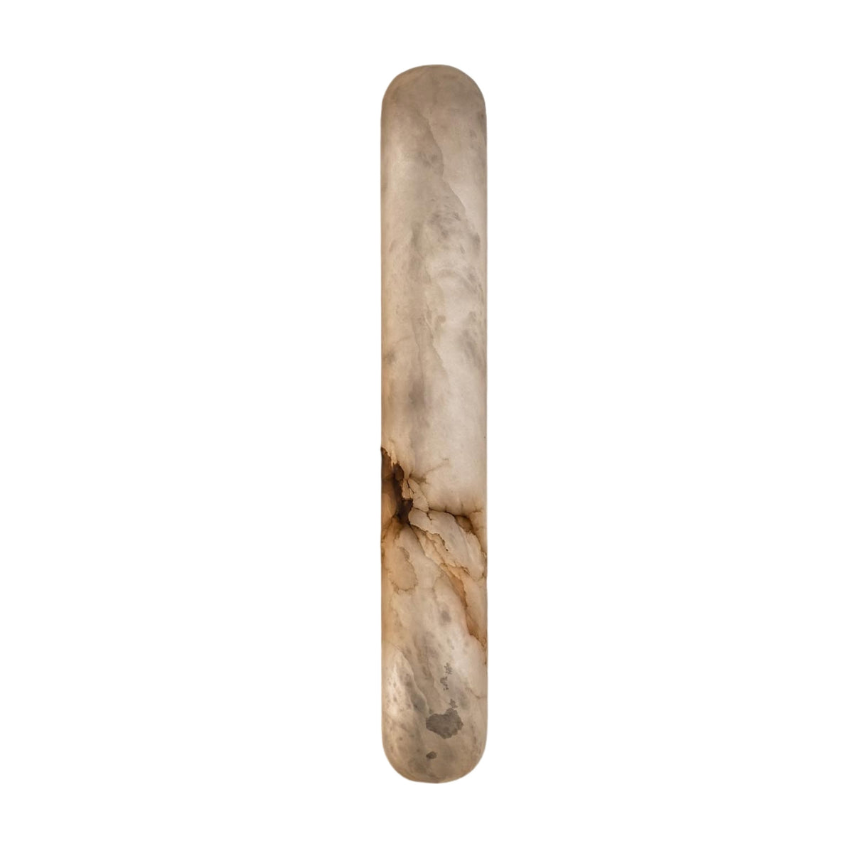 The Arvella LED Large Column Alabaster Wall Light features Spanish alabaster with a cloudy white and brown marbled pattern, creating a striking column design against a plain white background.
