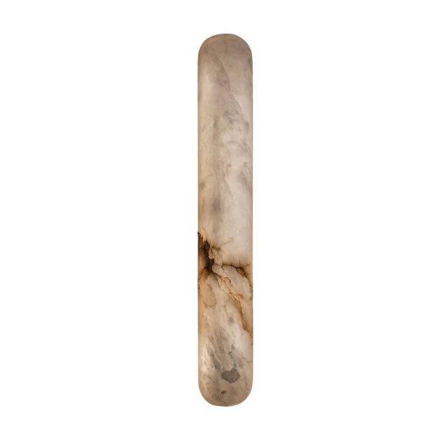 The Arvella LED Large Column Alabaster Wall Light features Spanish alabaster with a cloudy white and brown marbled pattern, creating a striking column design against a plain white background.