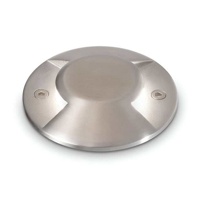 The Gleamora-2 LED Outdoor Drive Over Recessed Ground Light 3W 4000K in grey is a round structure made of stainless steel with a smooth, brushed finish. It incorporates a slightly domed center with two symmetric screw holes at the edges, offering a sleek, industrial look ideal for recessed ground light purposes.