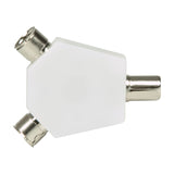 AV:Link coaxial Y splitter with white hexagonal body, one male plug and two female sockets at 120-degree intervals, on a white background.