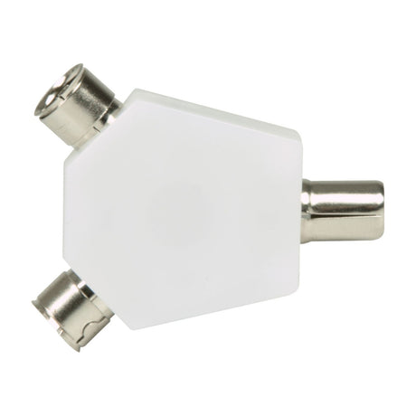 AV:Link coaxial Y splitter with white hexagonal body, one male plug and two female sockets at 120-degree intervals, on a white background.
