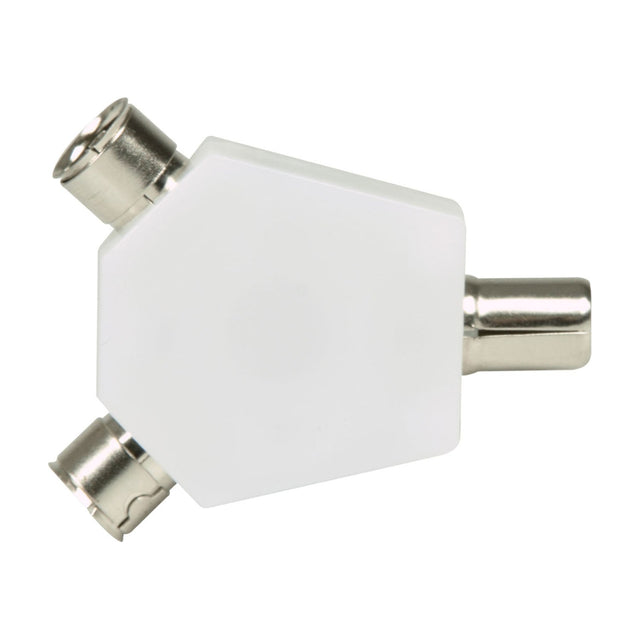 AV:Link coaxial Y splitter with white hexagonal body, one male plug and two female sockets at 120-degree intervals, on a white background.