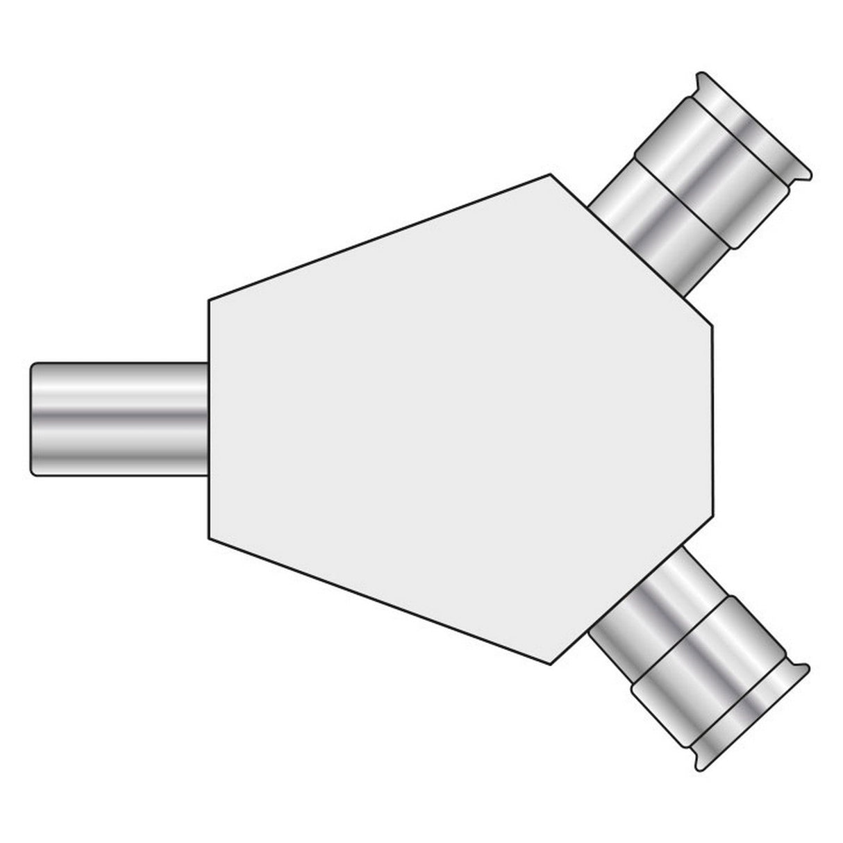 Diagram of the AV:Link Adaptor Coaxial Y Splitter, featuring one straight port and two angled side ports for managing signal flow, similar to a three-way stopcock directing fluid. Each port includes a connector, commonly used in media or electronics settings.