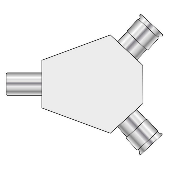 Diagram of the AV:Link Adaptor Coaxial Y Splitter, featuring one straight port and two angled side ports for managing signal flow, similar to a three-way stopcock directing fluid. Each port includes a connector, commonly used in media or electronics settings.