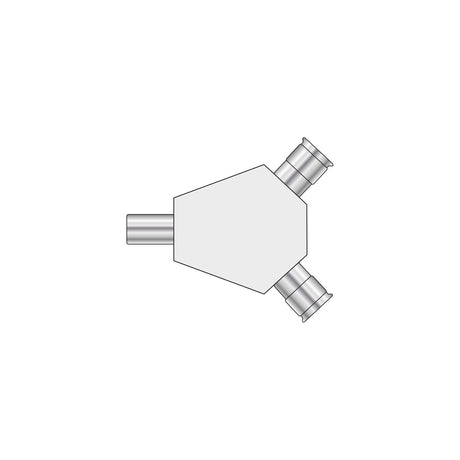 AV:Link coaxial Y-splitter with one male plug input and two angled female sockets on a white hexagonal moulded body with nickel-plated connectors.