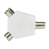 AV:Link coaxial Y-splitter with white hexagonal plastic body and three nickel-plated connectors, one male plug input and two female sockets.