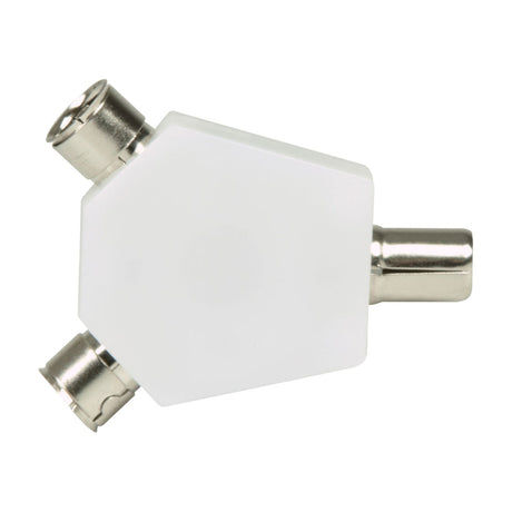AV:Link coaxial Y-splitter with white hexagonal plastic body and three nickel-plated connectors, one male plug input and two female sockets.
