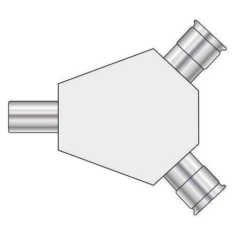 Diagram of the AV:Link Adaptor Coaxial Splitter, featuring a Y-shaped design with three metal tubes branching from a central hexagonal body. Two tubes extend diagonally from one side, while one extends horizontally from the opposite side. Ideal for distributing TV/FM radio signals through coaxial plug connections.