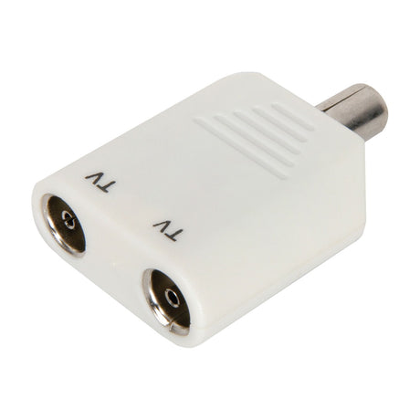 Mercury BX38 white aerial combiner splitter with one coaxial plug and two coaxial TV sockets, shown on a plain white background.