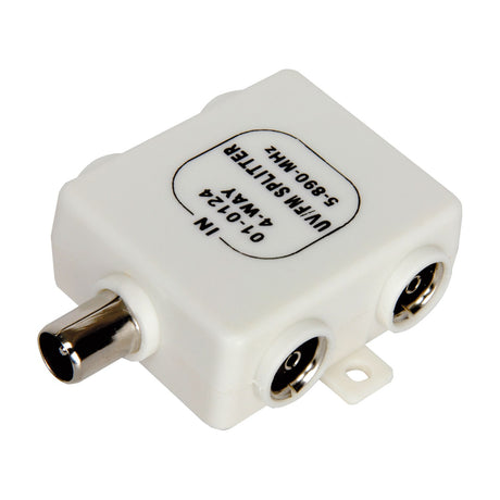 Mercury 4-way signal splitter by AVSL with one coaxial input plug and four coaxial output sockets in a white plastic casing on a plain background.