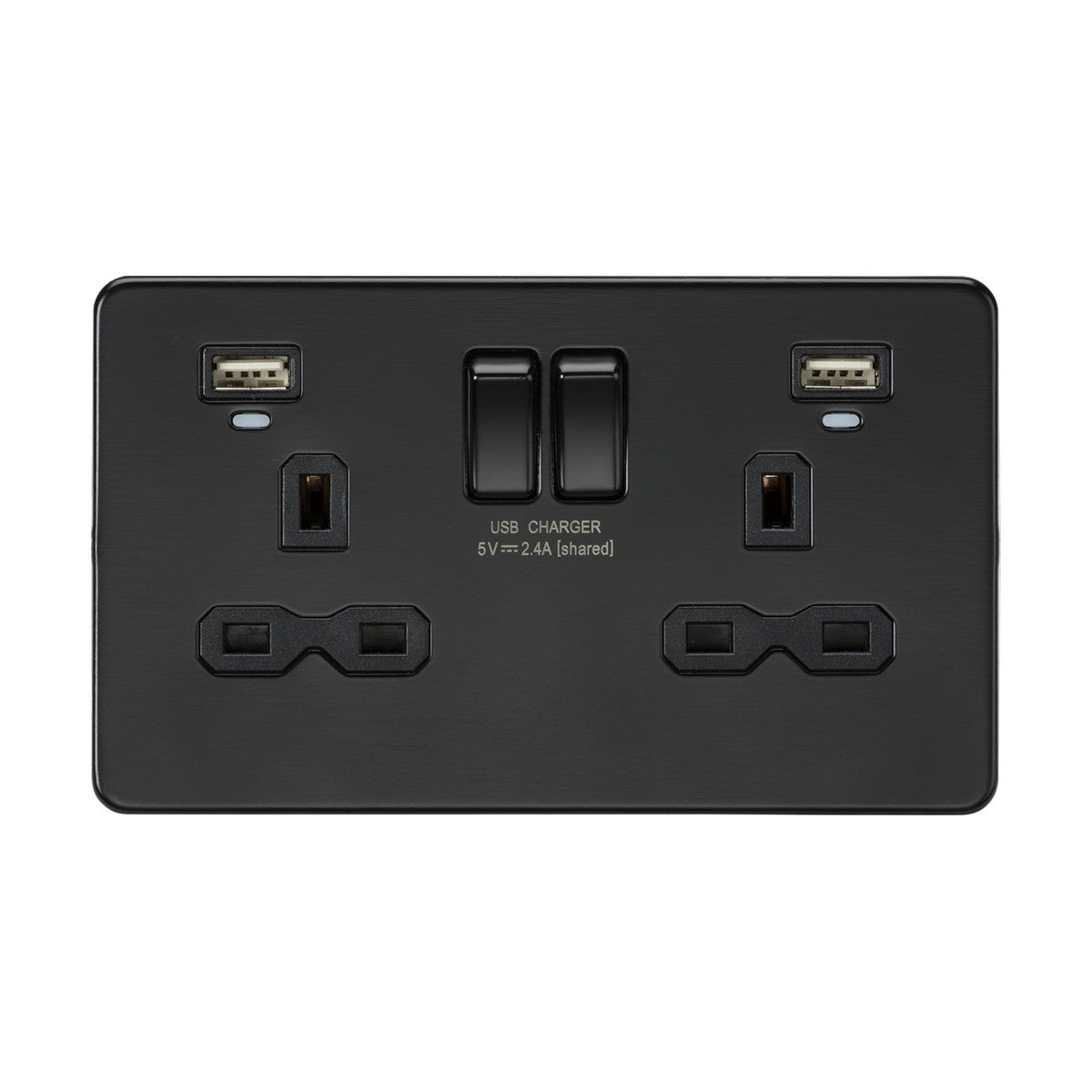 13A 2G Switched Socket, Dual USB (2.4A) with LED Charge Indicators - Matt Black