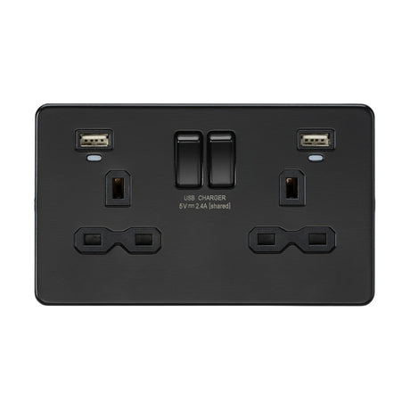 13A 2G Switched Socket, Dual USB (2.4A) with LED Charge Indicators - Matt Black