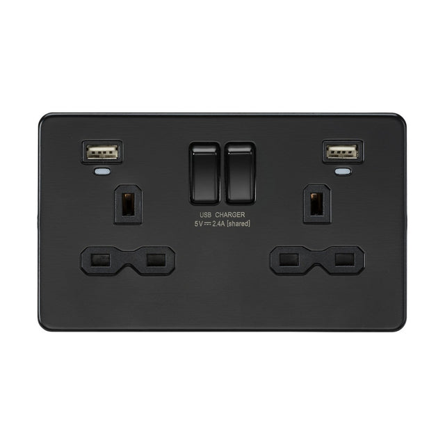 13A 2G Switched Socket, Dual USB (2.4A) with LED Charge Indicators - Matt Black