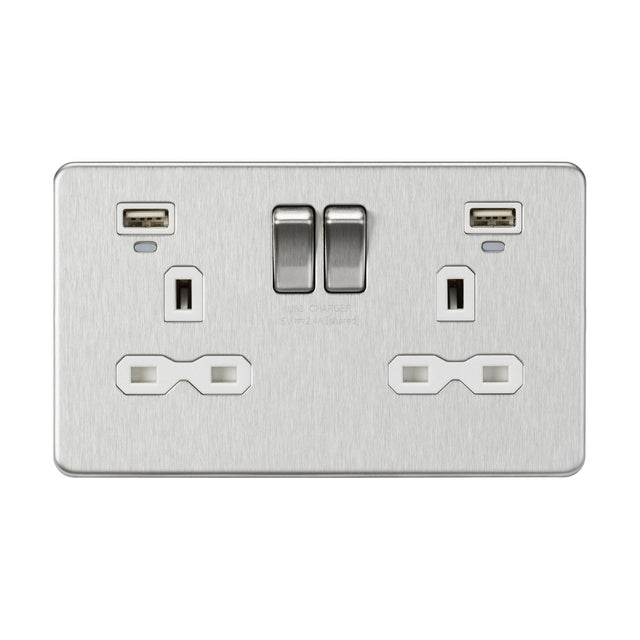 13A 2G Switched Socket, Dual USB (2.4A) with LED Charge Indicators - Brushed Chrome w/white insert