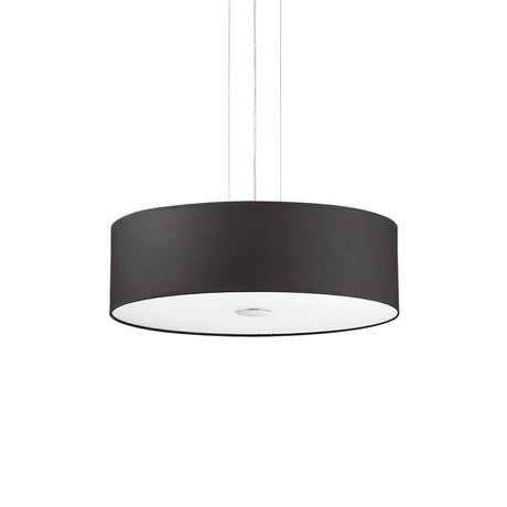 The Noble 4 Light Pendant - Black is a sophisticated circular light fixture that suspends gracefully from the ceiling. It features a sleek black finish and a smooth white diffuser on the bottom, enhancing its modern design.