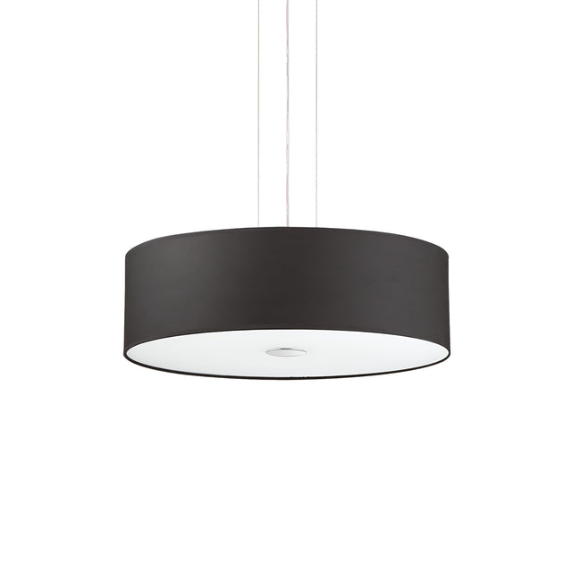 The Noble 4 Light Pendant - Black is a sophisticated circular light fixture that suspends gracefully from the ceiling. It features a sleek black finish and a smooth white diffuser on the bottom, enhancing its modern design.