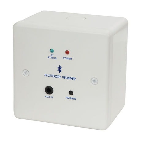 AV:Link Bluetooth 5.0 receiver wallplate in white plastic with BT status and power LEDs, AUX in jack, and pairing button, on a plain background.