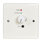 AV:Link Bluetooth 5.0 receiver wallplate in white with red power LED, green B/T status LED, central volume knob and 3.5mm AUX in socket.