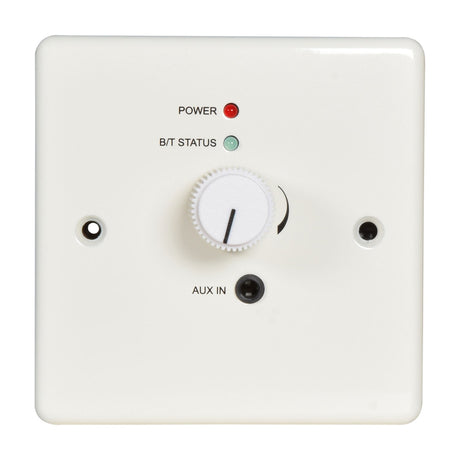 AV:Link Bluetooth 5.0 receiver wallplate in white with red power LED, green B/T status LED, central volume knob and 3.5mm AUX in socket.