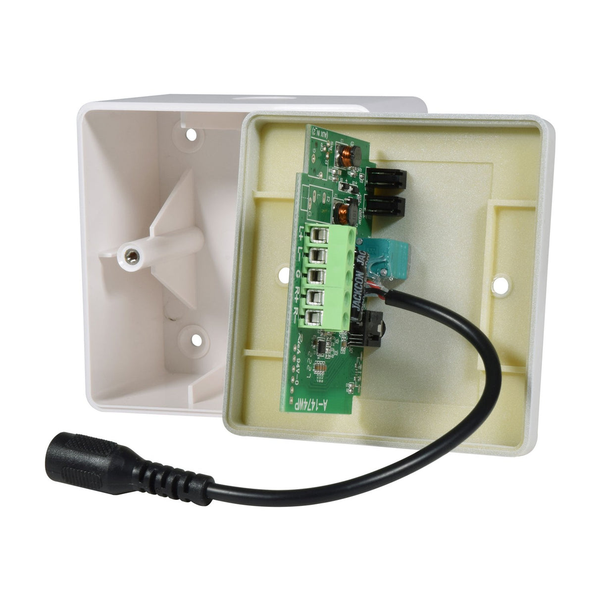 Rear view of the AV:Link Bluetooth 5.0 Receiver Wallplate by AVSL, showing the exposed green PCB with screw terminals, power lead, and white plastic backbox.