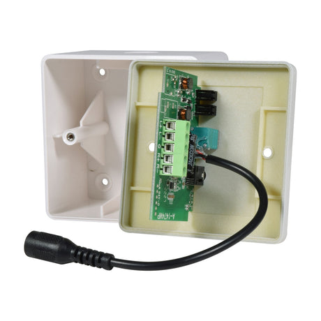 Rear view of the AV:Link Bluetooth 5.0 Receiver Wallplate by AVSL, showing the exposed green PCB with screw terminals, power lead, and white plastic backbox.