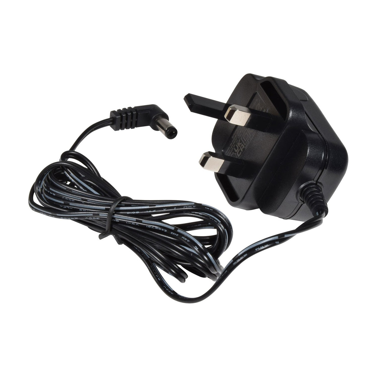 AV:Link UK power supply adaptor with three-pin plug, coiled black cable and right-angled DC connector for the Bluetooth 5.0 receiver wallplate.