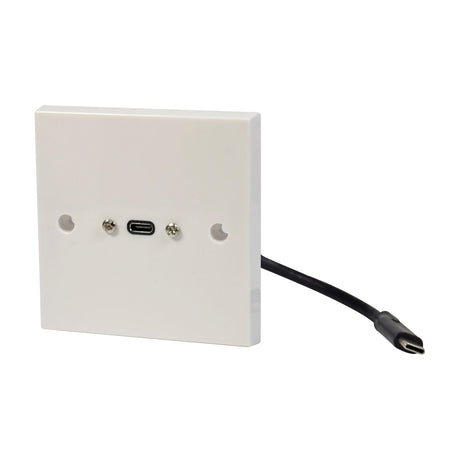 AV:Link USB4 Type-C wallplate by AVSL with a single front-facing Type-C port, mounting screws, and a black male tail lead at the rear, on a white background.