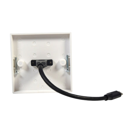 Rear view of the AV:Link USB4 Type-C wallplate showing the white single-gang back, black male tail cable, and included fixing screws on a white background.