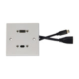 AV:Link 1-gang white multimedia wallplate with 8K HDMI and USB4 Type-C sockets, shown with rear cable tails on a plain white background.