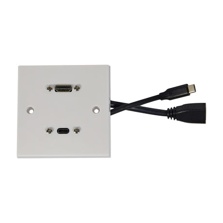AV:Link 1-gang white multimedia wallplate with 8K HDMI and USB4 Type-C sockets, shown with rear cable tails on a plain white background.