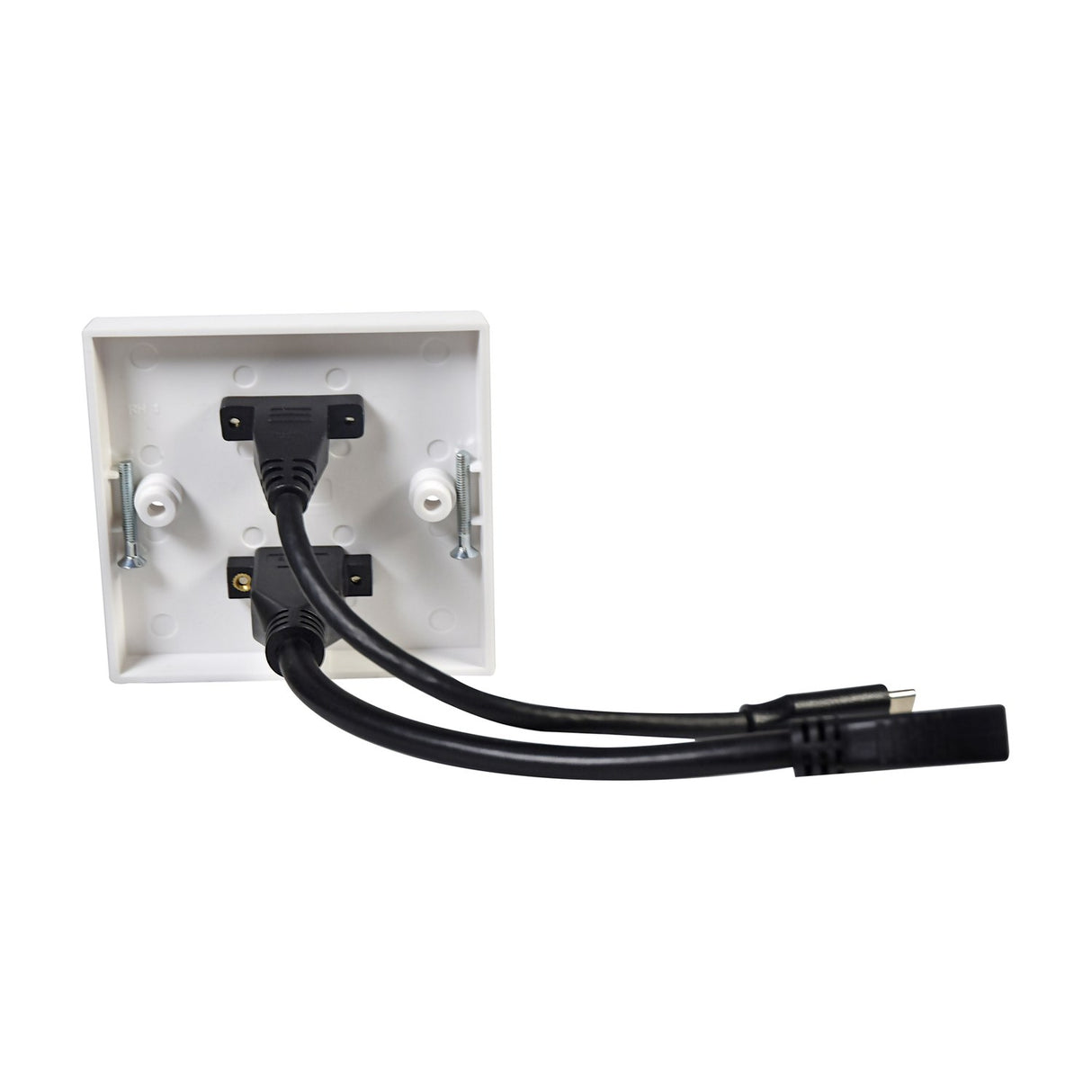 Rear view of the AV:Link 1-gang multimedia wallplate showing attached HDMI and USB4-C pigtail cables with fixing screws on a white background.
