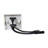 Rear view of the AV:Link 1-gang multimedia wallplate showing attached HDMI and USB4-C pigtail cables with fixing screws on a white background.