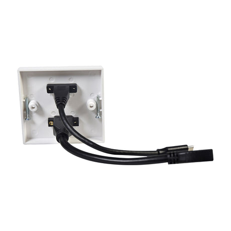 Rear view of the AV:Link 1-gang multimedia wallplate showing attached HDMI and USB4-C pigtail cables with fixing screws on a white background.
