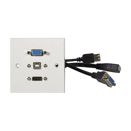 AV:Link multimedia 1-gang white wall plate with VGA, USB Type-B and 4K HDMI sockets, shown with rear pre-wired cables on a plain background.