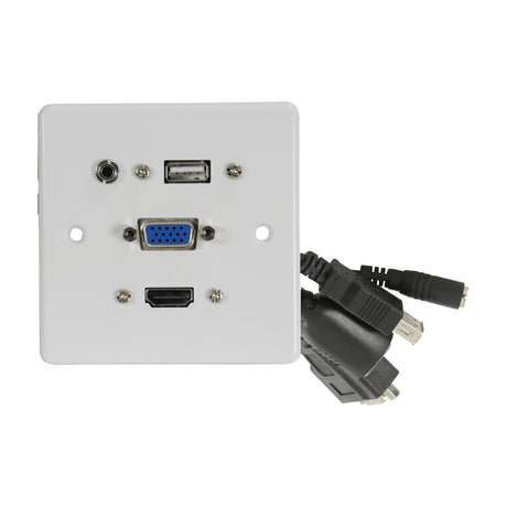 AV:Link white 1-gang multimedia wall plate with 3.5mm audio, USB, VGA and HDMI sockets, shown with rear connector cables on a white background.