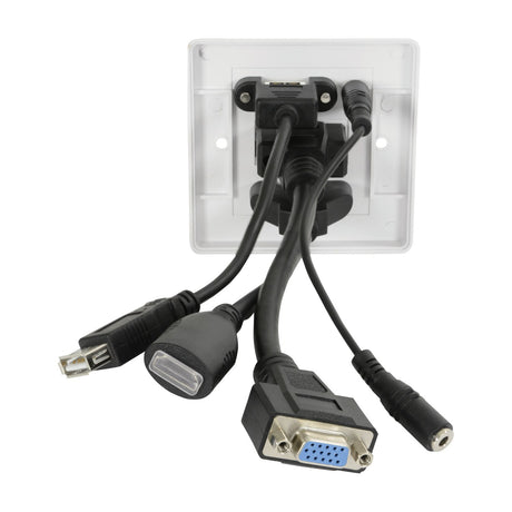 Rear view of the AV:Link 4K multimedia wall plate showing HDMI, VGA, USB and 3.5mm audio pigtail connectors on a white 1-gang faceplate.