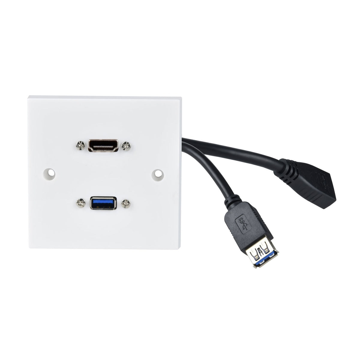AV:Link 1-gang white multimedia wallplate with 8K HDMI and USB 3.0 sockets, rear cables and connectors visible, on a plain white background.