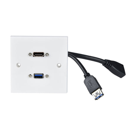 AV:Link 1-gang white multimedia wallplate with 8K HDMI and USB 3.0 sockets, rear cables and connectors visible, on a plain white background.